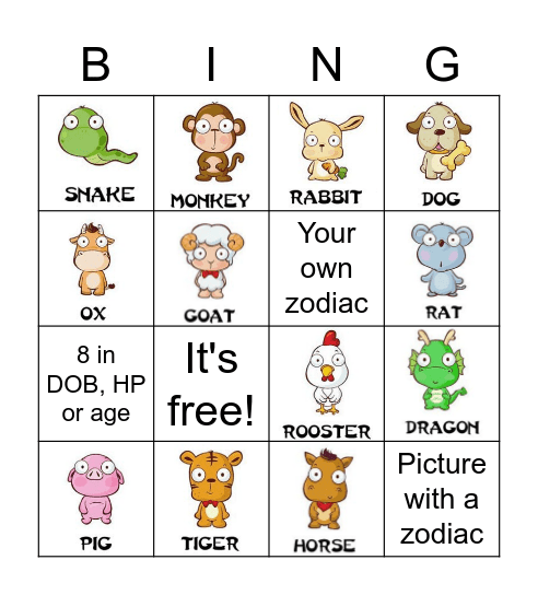 Chinese Zodiac Animals Bingo Card