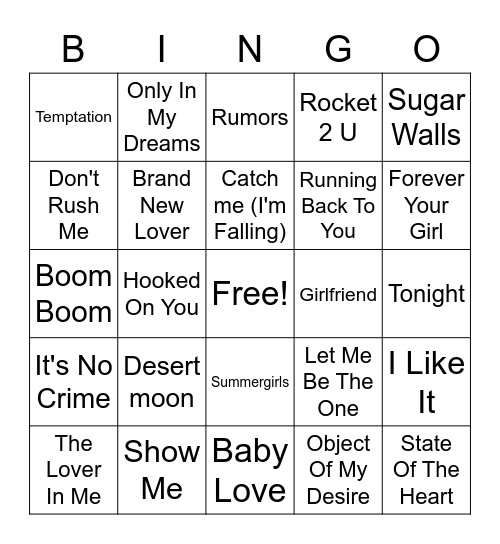 Lost Hits Of The 80's Bingo Card