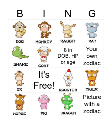 Chinese Zodiac Animals Bingo Card