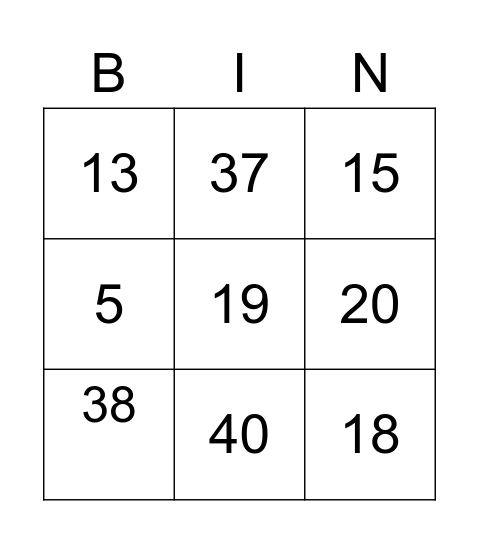 Numbers 1-40 Bingo Card