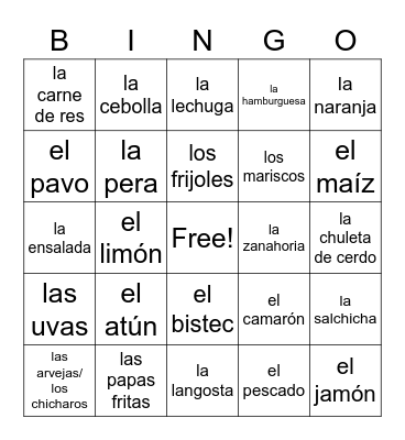 La comida Bingo Card