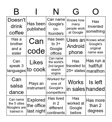 NOOGLER BINGO Card