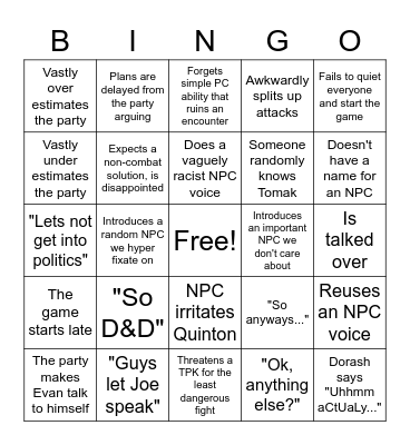 Evan Bingo Card