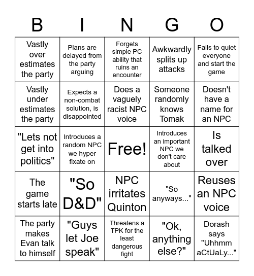 Evan Bingo Card