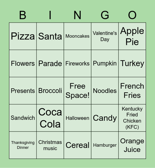 Holiday + Food Bingo!! Bingo Card