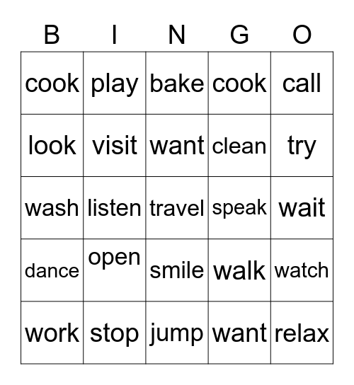 Past Simple Regular Verbs Bingo Card