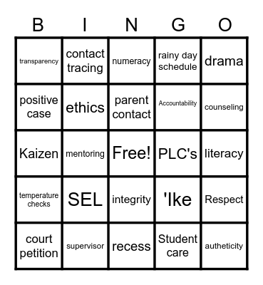 Full Faculty Bingo Card