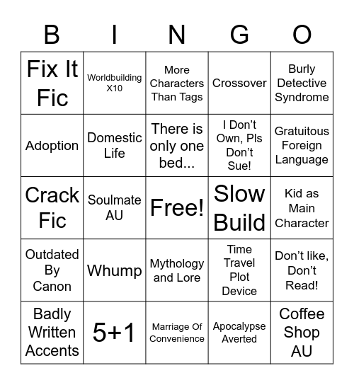 Fanfic Bingo 2022 Bingo Card