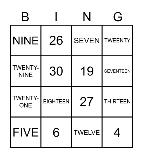Numbers 1 20 Bingo Card