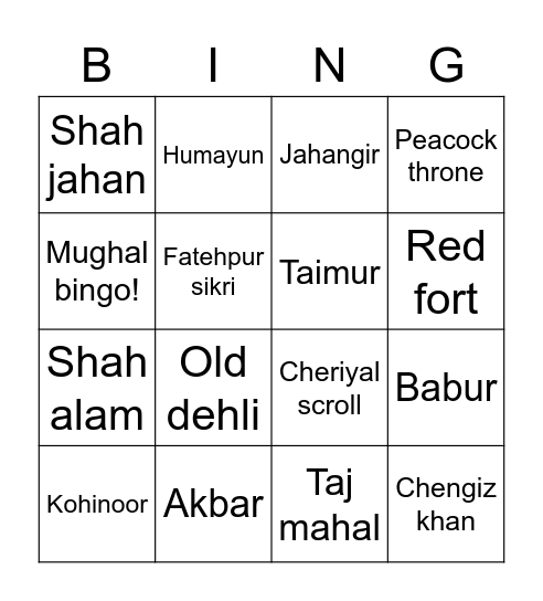 Mughal bingo Card