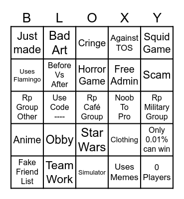 Roblox Ads Bingo Card