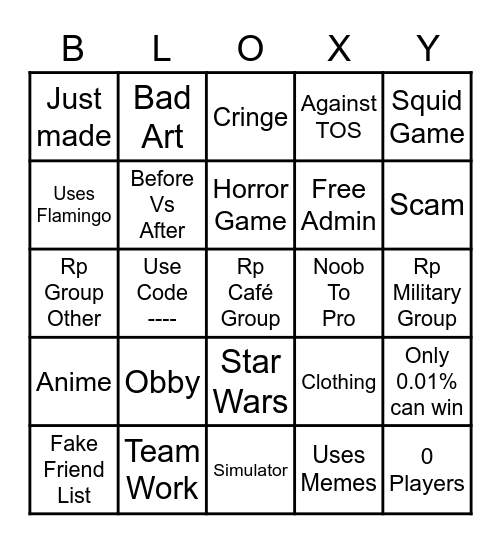 Roblox Ads Bingo Card