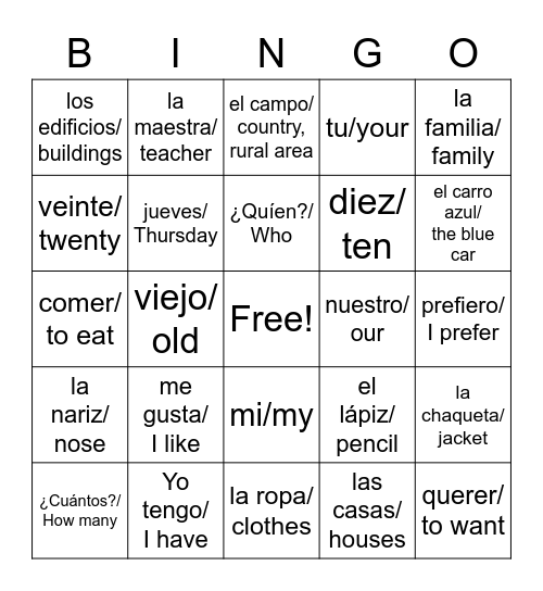 Spanish I Review Bingo Card