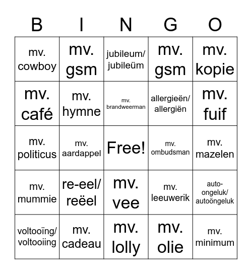 Trema en meervoud Bingo Card