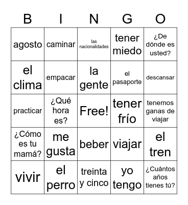 Spanish II Review Bingo Card