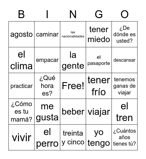 Spanish II Review Bingo Card