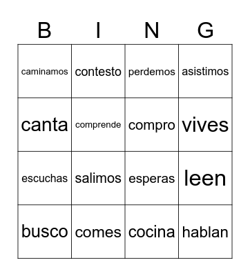 Regular -ar, -er, -ir verbs (present tense) Bingo Card