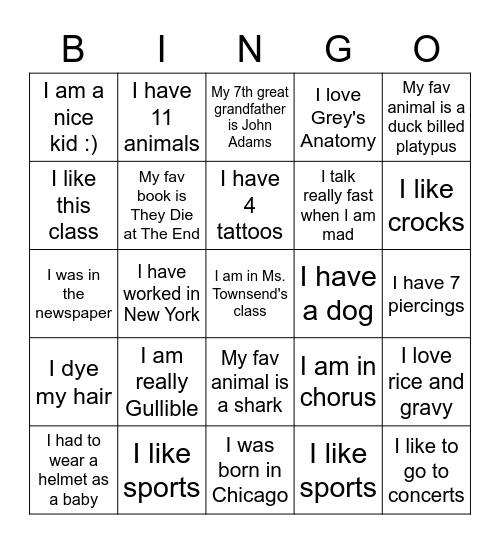 Fun Fact Bingo 1st Block Bingo Card