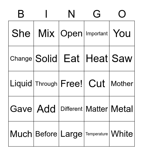 Vocabulary Bingo Card