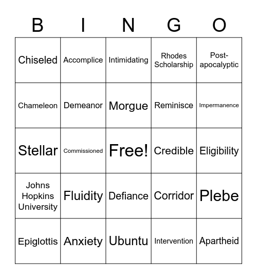 Discovering Wes Moore Vocabulary Bingo Card