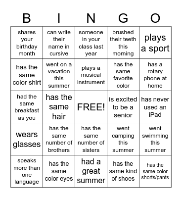 Classmate BINGO Card