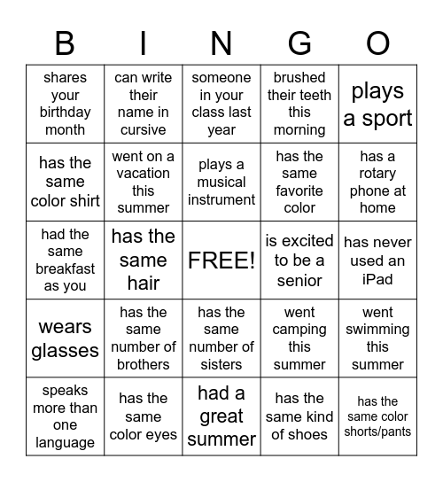 Classmate BINGO Card