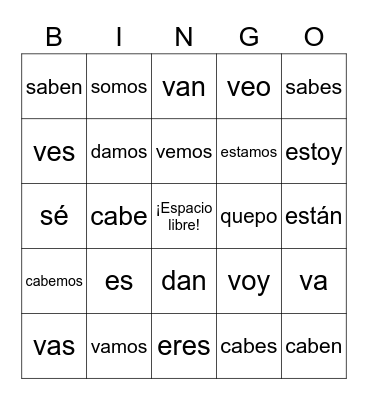 Irregular Yo verbs Bingo Card