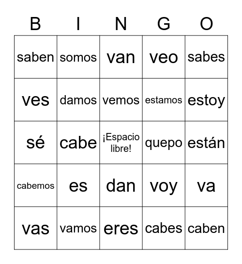 Irregular Yo verbs Bingo Card