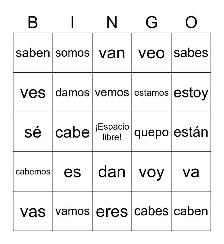 Irregular Yo verbs Bingo Card