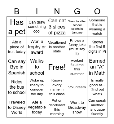 Classmate Bingo Card