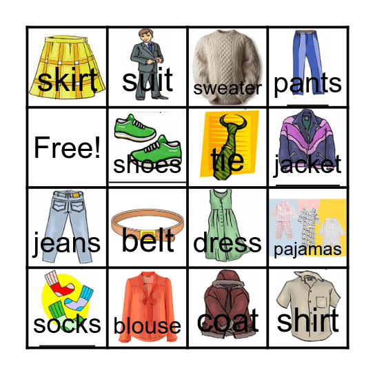 CLOTHING Bingo Card