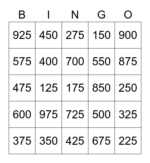 100-1000 Bingo Card