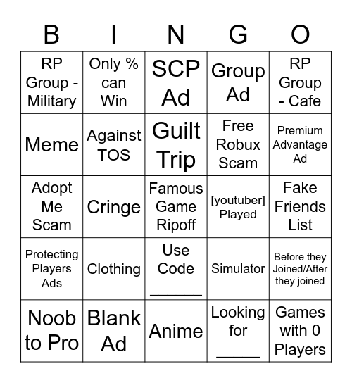 ROBLOX Ad Bingo Card