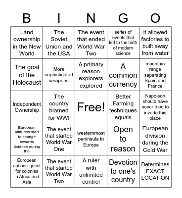 Modern Europe Bingo Card