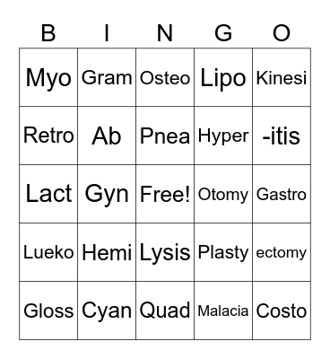 Medical Terminology Bingo Card