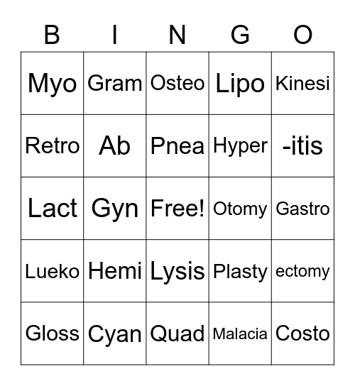 Medical Terminology Bingo Card