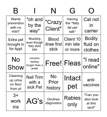 Vet Tech Bingo! Bingo Card