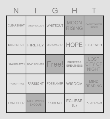 NIGHTWING(WOF) BINGO Card