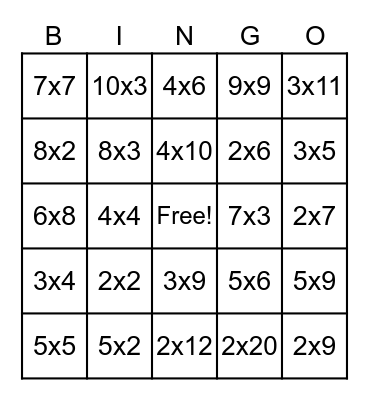 Multiplication Bingo Card