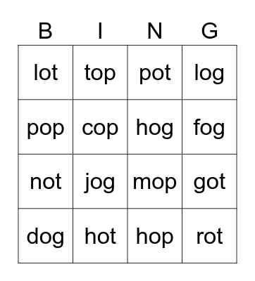Short o Bingo Card