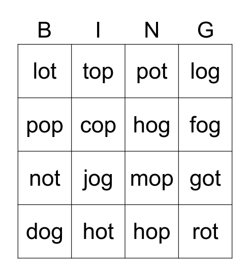 Short o Bingo Card