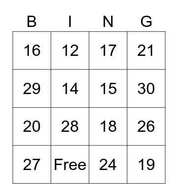 Number Bingo Card