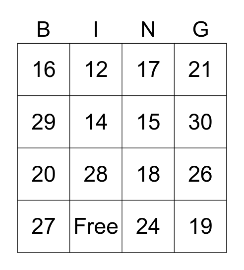Number Bingo Card