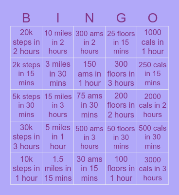 Fitness Test Bingo Card