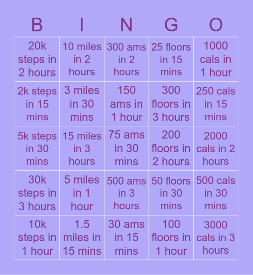 Fitness Test Bingo Card