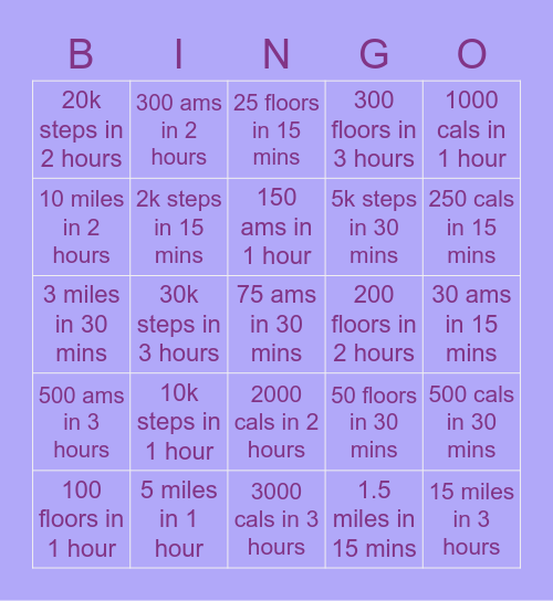 Fitness Test Bingo Card