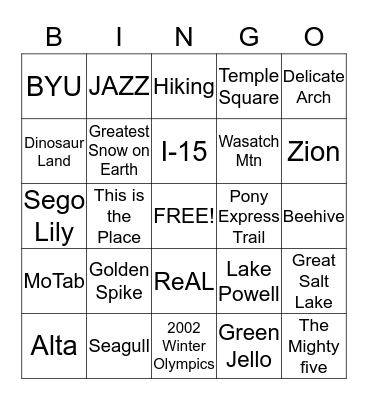 Utah Bingo Card