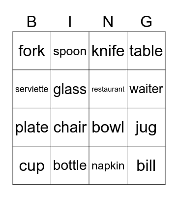 Dining Bingo Card