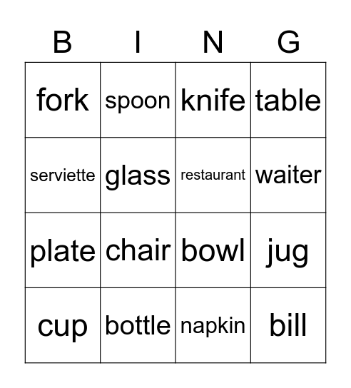 Dining Bingo Card