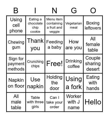 Jamie's 13th Birthday Panera Bingo Card